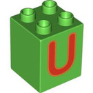 LEGO Bright Green Duplo Brick 2 x 2 x 2 with Red 'U' (31110 / 93017)