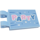 LEGO Bright Light Blue Tile 2 x 3 with Horizontal Clips with "PARTY' Sticker (Thick Open 'O' Clips) (30350)