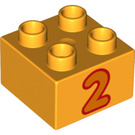 LEGO Helles Licht Orange Duplo Backstein 2 x 2 mit Orange '2' (3437 / 15958)