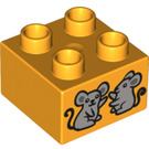 LEGO Bright Light Orange Duplo Brick 2 x 2 with Two Grey Mice (3437 / 16236)