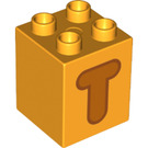 LEGO Bright Light Orange Duplo Brick 2 x 2 x 2 with Letter "T" Decoration (31110 / 65943)