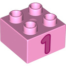 LEGO Bright Pink Duplo Brick 2 x 2 with "1" (3437 / 15945)