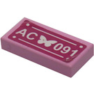LEGO Leuchtend rosa Fliese 1 x 2 mit 'AC', butterfly und '091' Aufkleber mit Nut (3069)