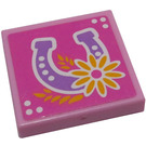 LEGO Bright Pink Tile 2 x 2 with Horseshoe Stables Logo Sticker with Groove (3068)