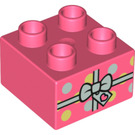 LEGO Coral Duplo Brick 2 x 2 with Spotty present with Bow (3437 / 66011)
