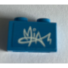 LEGO Dark Azure Brick 1 x 2 with Mia signature graffiti Sticker with Bottom Tube (3004)