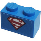 LEGO Dark Azure Brick 1 x 2 with Superman 'S' Logo Sticker with Bottom Tube (3004)
