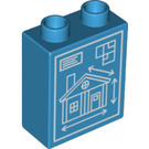 LEGO Dark Azure Duplo Brick 1 x 2 x 2 with House Blueprint with Bottom Tube (15847 / 68652)
