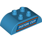 LEGO Dark Azure Duplo Brick 2 x 4 with Curved Sides with "Piston Cup" Logo (68476 / 98223)