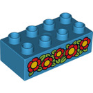 LEGO Dark Azure Duplo Brick 2 x 4 with Red Flowers (3011 / 15934)