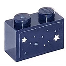 LEGO Dark Blue Brick 1 x 2 with Stars at night Sticker with Bottom Tube (3004)