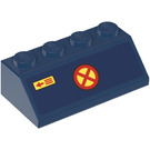 LEGO Dark Blue Slope 2 x 4 (45°) with Red Cross in Circle Icon and Small Arrow (Left) Sticker with Rough Surface (3037)