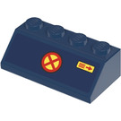 LEGO Dark Blue Slope 2 x 4 (45°) with Red Cross in Circle Icon and Small Arrow (Right) Sticker with Rough Surface (3037)