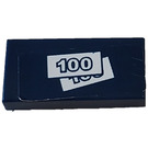 LEGO Donkerblauw Tegel 1 x 2 met '100' Banknotes Sticker met groef (3069)