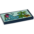 LEGO Dark Blue Tile 2 x 4 with pink bucket, water, palm tree and flower Sticker (87079)