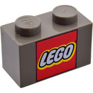 LEGO Dunkelgrau Stein 1 x 2 mit LEGO Logo mit Unterrohr (42481 / 50831)