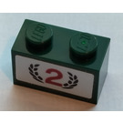 LEGO Dark Green Brick 1 x 2 with Number 2 and Laurel Wreath Sticker with Bottom Tube (3004)