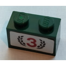 LEGO Dark Green Brick 1 x 2 with Number 3 and Laurel Wreath Sticker with Bottom Tube (3004)