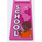 LEGO Donkerroze Vlag 7 x 3 met Staaf Handvat met Wit 'School', Boy en Halve Earth globe Sticker (30292)