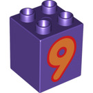 LEGO Dunkelviolett Duplo Backstein 2 x 2 x 2 mit '9' (13172 / 28937)