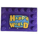 LEGO Donkerpaars Tegel 4 x 6 met Studs Aan 3 Edges met 'HAPPY WORLD' Sticker (6180)