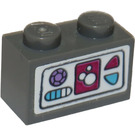 LEGO Dark Stone Gray Brick 1 x 2 with Magenta, Medium Azure, and Medium Lavender Icons Sticker with Bottom Tube (3004)