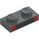 LEGO Donker steengrijs Plaat 1 x 2 met Zwart en Rood (3023 / 106728)