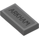 LEGO Dark Stone Gray Tile 1 x 2 with ‘ARKHAM’ Sticker with Groove (3069)
