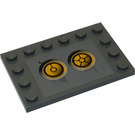 LEGO Donker Steengrijs Tegel 4 x 6 met Studs Aan 3 Edges met Geel Circles (Bionicle Code), Type 6 Sticker (6180)