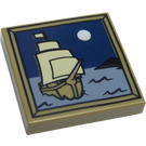 LEGO Dark Tan Tile 2 x 2 with Moon and Ship on Water with Groove (3068)