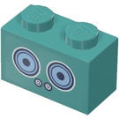 LEGO Dark Turquoise Brick 1 x 2 with Karaoke Machine Sticker with Bottom Tube (3004)