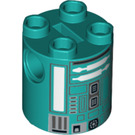 LEGO Dark Turquoise Brick 2 x 2 x 2 Round with Robot Body with Silver Lines and White and Silver Pattern with Bottom Axle Holder 'x' Shape '+' Orientation (30361 / 64226)