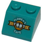LEGO Dark Turquoise Slope 2 x 2 (45°) with 'FLOREA'S CAFE' and Cups Pattern Sticker (3039)