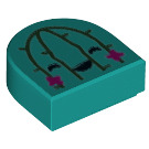 LEGO Donker Turquoise Tegel 1 x 1 Halve Oval met Cactus Gezicht met Bloemen (24246 / 73003)