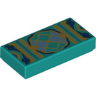 LEGO Dark Turquoise Tile 1 x 2 with Gold and Blue with Groove (3069)