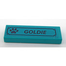 LEGO Dark Turquoise Tile 1 x 3 with Black Dog Paw Print and 'GOLDIE' Sticker (63864)