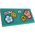 LEGO Dark Turquoise Tile 2 x 4 with Flower, Emoji, Mask, Wave, Shark Fin and 'SURF' Sticker (87079)