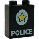 Duplo Black Brick 1 x 2 x 2 with Yellow Star on Police Badge without Bottom Tube (4066)