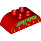 LEGO Duplo Brick 2 x 4 with Curved Sides with yellow seeds and green leaves (top of strawberry) (73345 / 98223)