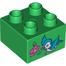 LEGO Duplo Bright Green Brick 2 x 2 with Blue Bird and Pink Flower (3437 / 72207)