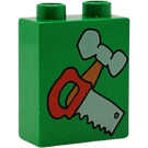 Duplo Green Brick 1 x 2 x 2 with Hammer and Saw Pattern without Bottom Tube (4066)