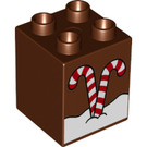 LEGO Duplo Reddish Brown Brick 2 x 2 x 2 with Candy Canes and Snow (1361 / 31110)