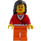 LEGO Female Town Minifigure, Mid-Length Black Hair, Sweater Cropped With Bow, Heart Necklace, Orange Legs