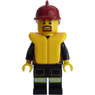 LEGO Firefighter in Uniform with Brown Goatee, Life Preserver, and Dark Red Helmet Minifigure