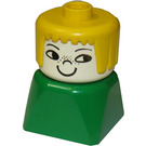 LEGO Girl with Yellow Hair Smiley face with freckle on nose on Green Base Duplo Figure