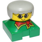 LEGO Green 2x2 Duplo Basis Steen Figure - Grandma met Geel Hoofd wearing Glasses, Grijs Haar, Rood Sjaal Patroon Duplo Figuur