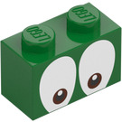 LEGO Green Brick 1 x 2 with brown eyes looking down with Bottom Tube (3004 / 103766)