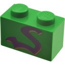 LEGO Green Brick 1 x 2 with Purple Snake "S" with Bottom Tube (3004)