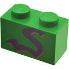 LEGO Green Brick 1 x 2 with Purple Snake "S" with Bottom Tube (3004 / 83825)