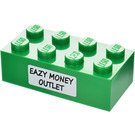 LEGO Green Brick 2 x 4 with 'EAZY MONEY OUTLET' Sticker (3001)